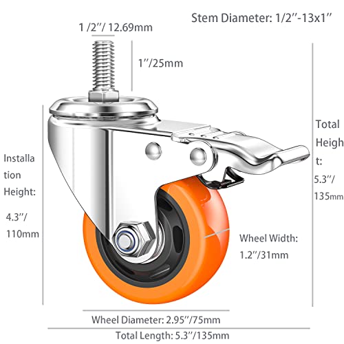 Stem Casters Heavy Duty Swivel Threaded Stem Caster Wheels With American Size 1/2''-13X1'' Thread Dual Locking Wheel With Brakes Pack Of 4 (3 Inch, With Brake) #TOP5