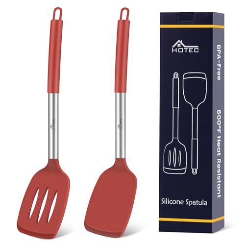 HOTEC Heat Resistant Silicone Solid Turner, Slotted Kitchen Spatulas set Cooking utensils (13.7inch Red)