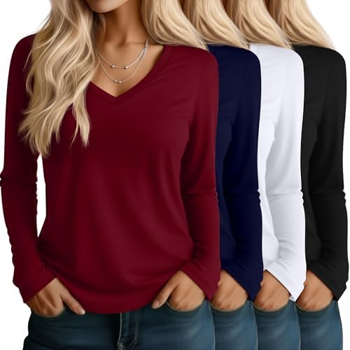 Huukeay 4 Pack Women's V Neck Long Sleeve T Shirts Basic Tops Cas...