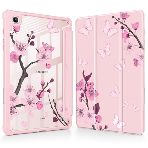 May Chen for Samsung Galaxy Tab S6 Lite Case 10.4 Inch 2024/2022/2020 - Built-in Pencil Holder with Shockproof Cover Clear Transparent Back Shell Auto Wake/Sleep, Pink Cherry Blossom