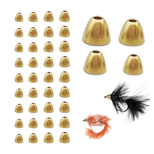Wshxjzyay 40 Pack Gold Brass Cone Heads for Fly Tying, Copper Brass Cone Heads for Fly Tying Beads Material, Copper Tying Beads Sink Deeper 4 Sizes