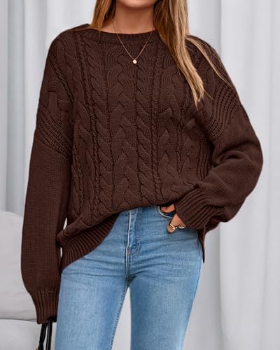 BTFBM Fall Sweaters for Women 2025 Cable Knit Sweater Crew Neck Long Lantern Sleeve Loose Chunky Pullover Casual Tops4