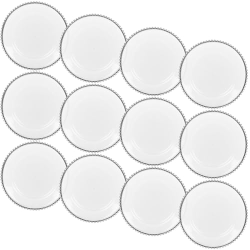 URBNLIVING 32cm Width 12 Pcs Clear Charger Silver Rim Acrylic Round Serving Plates Set with Metallic Beaded Colored Rim Party Banquets Table for Christmas Halloween Wedding Catering Event Decoration