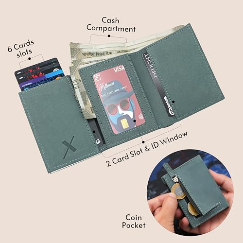 Image of The X Project FrostWolf Trifold Wallet | Premium Genuine Leather | Aluminium Cardholder | Side Slide Pop-Up Card Ejector | Carry Up to 6 Cards and 1 Slot for Carrying Cash & Folded Bills (Blue)