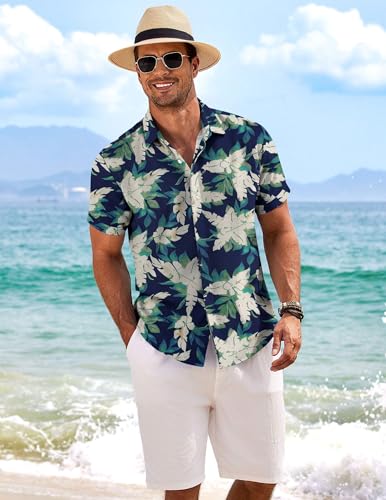 Image of COOFANDY Men's Linen Shirts Short Sleeve Casual Shirts Button Down Shirt for Men Beach Summer Wedding Shirt