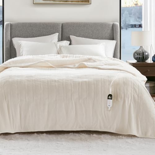 Degrees of Comfort Electric Blanket Twin Size - Soft Sherpa Flannel Heated Blankets - 6 Heat Settings, 10-Hour Auto Shut-Off, Overheat Protection, Etl Certified - 62x84'', Ivory