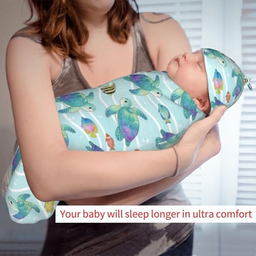 Image of Turtle Swaddling Blanket for Baby, Unisex Beach Baby Stuff with Hat