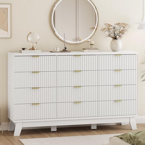 Image of Xixini Fluted Dresser for Bedroom with 12 Drawers, 57 inch Wide Modern Chest of Drawers with Metal Handle, Wooden Dresser TV Stand, Wood Closet Clothes Storage Organizer for Living Room, Hallway, White