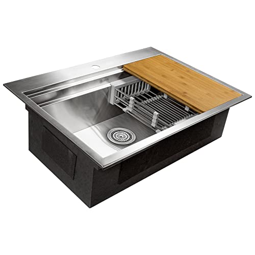 Akdy 33-Inch Drop-In Kitchen Sink Workstation Ledge Sink 33"X22"X9" Stainless Steel Single Bowl Sink With Drying Rack & Cutting Board #TOP3
