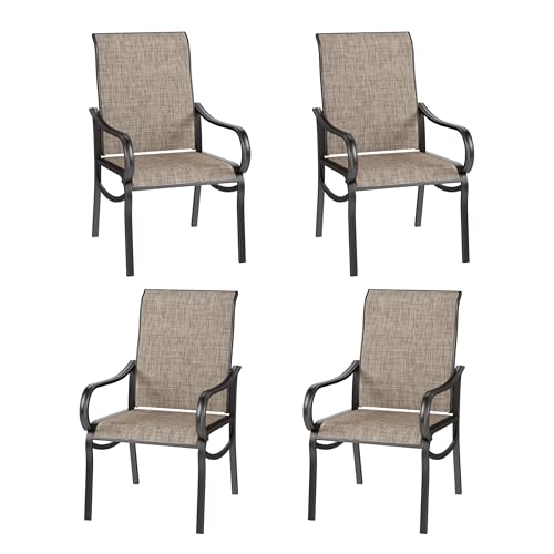 Image of PHI VILLA Patio Dining Chairs Set of 4, Textilene Mesh Fabric, High Back | Ergonomic backrest. All-weather black E-coated metal frame and brown breathable fabric, designed for outdoor, deck, lawn
