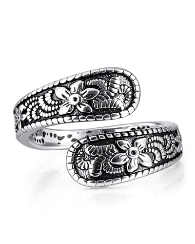 Teppdfann Vintage Silver Spoon Ring Adjustable Silver and Black Ring with Carving Design for Women Unique Boho Open Ring for Gift