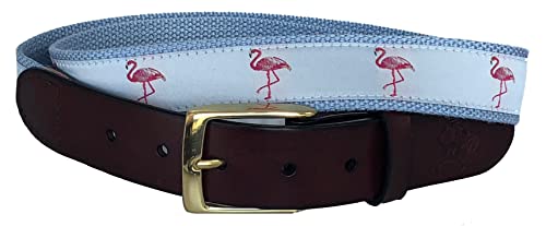 Mens Flamingo Leather Belt, Leather Tab and Buckle, Pink Flamingo on Light Blue Ribbon Belt