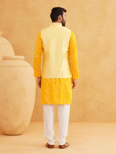 Image of SOJANYA (Since 1958 Men's Pure Cotton Mustard Kurta and White Pyjama With Yellow Embroidery Nehru Jacket