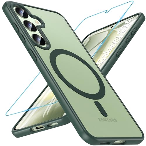Image of OWKEY for Galaxy S24|S25 Case 6.2'',Magnetic Samsung Galaxy S24 /S25 Case for Magsafe with Tempered Glass Screen Protector, [Shockproof Military] Translucent Back Slim Bumper Cover S24 S25 Case, Green