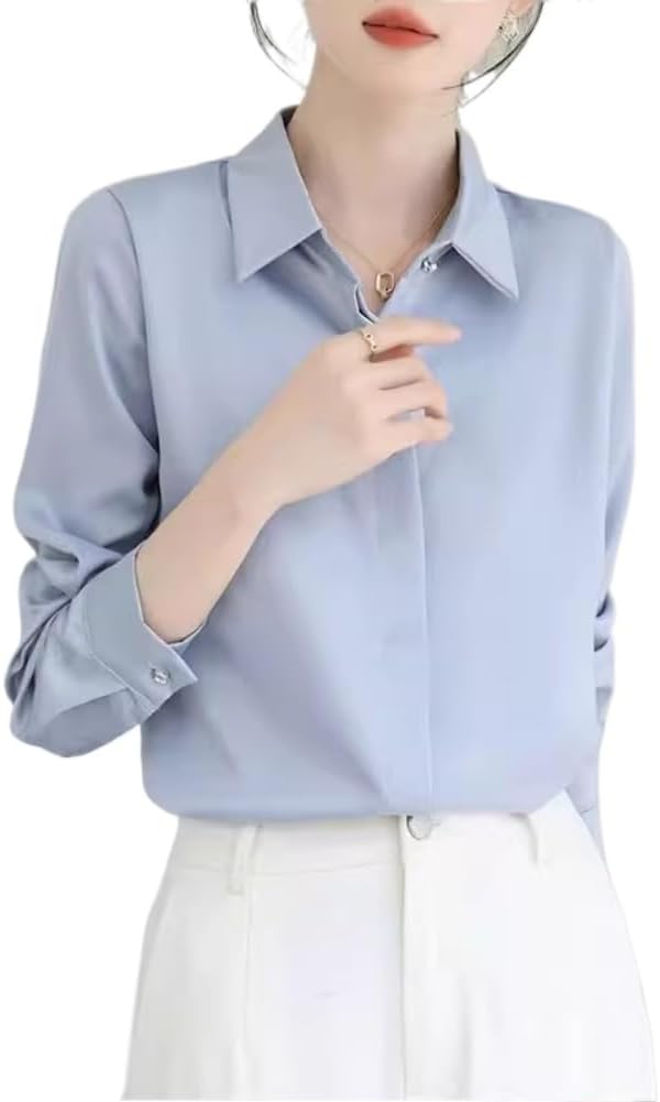 LIXINGHEITANG White Shirt Womens Spring and Autumn Commuting French Satin Temperament Long Sleeve Top