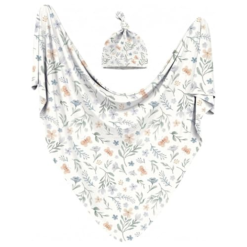 Image of Newborn Receiving Nursery Flower Blanket Baby Swaddle Wrap with Hat Set