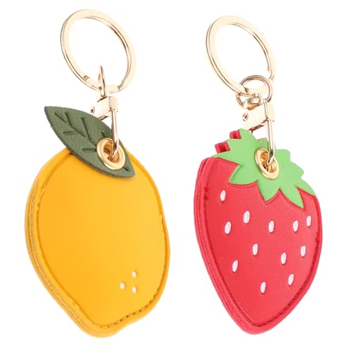 Angoily 2pcs Cute Cartoon Pu Leather Keychain Access Card Holder Covers with Key Ring, Lemon Strawberry Design, Fashionable Bag Hanging Decor for Women