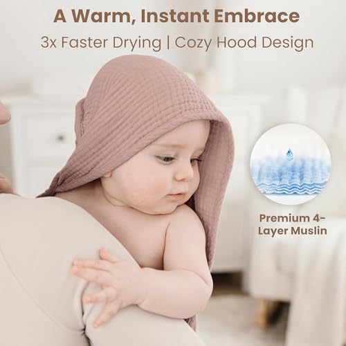 Image of Konssy 2-Pack Muslin Hooded Baby Towels, 100% Cotton, Ultra-Soft & Absorbent Baby Bath Towels with Hood for Newborn & Infant (Taupe,Soft Blooms,32 inch x 32 inch)