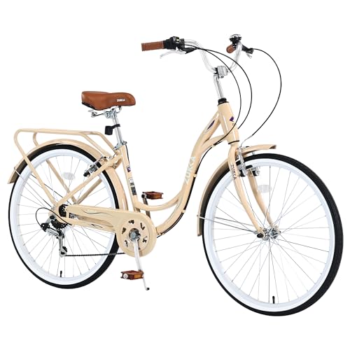 MEGHNA Beach Cruiser Bike Low Step - Through 24 inch/26 inch Bike Elegant Lady Bike V - Brake 7 Speed Cruiser Bike with Rear Rack Bell for Girls Women Senior, Multi-Colors (Beige, 24' Wheel)