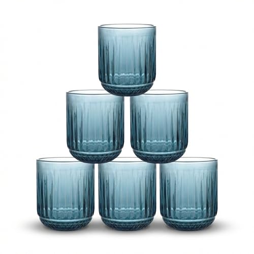 INDE SANTA CLARA | Set 6 Vasos de Cristal Agua 270cc Odiel Azul, Vasos Agua de Vidrio Relieve Azul, Aptos Lavavajillas y Microondas