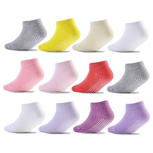 Epeius Baby Socks Low Cut Non-Slip Socks for Newborn Girls Boys Ankle Socks with Grips Value Pack 12 Pairs,Grey/White/Yellow/Purple/Red/Pink,0-6 Months