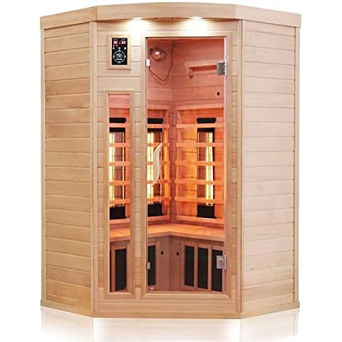 Dewello Infrarotkabine Infrarotsauna LAKEFIELD 120cm x 120cm für 1-2 Personen aus Hemlock Holz mit Vollspektrumstrahler, LED-Farblicht, Bluetooth, FM,MP3,USB Cover