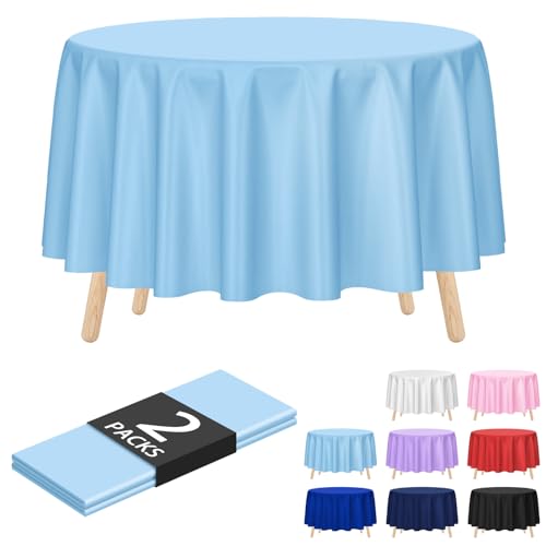 Image of Kopokita 2 Pack Light Blue Round Disposable Plastic Tablecloths 84 inch | Party Table Covers for Birthday, Wedding, Bridal, Baby Shower