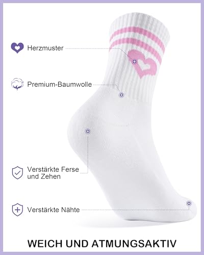 Niofind Tennissocken Damen 39-42 35-38 – 3 Paar Hohe Sportsocken mit Herz Motiv, Statement Socken für Weihnachten, Bequeme Baumwolle Laufsocken für Damen, Geschenk für Frauen in Weiß, Schwarz