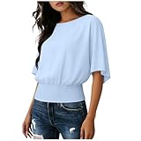 Womens Dressy Casual Crew Neck Blouses Loose Fashion Short Batwing Sleeve Tops Summer Smocked Elastic Waist Shirts Light Blue