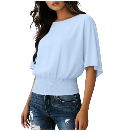 Womens Dressy Casual Crew Neck Blouses Loose Fashion Short Batwing Sleeve Tops Summer Smocked Elastic Waist Shirts Light Blue