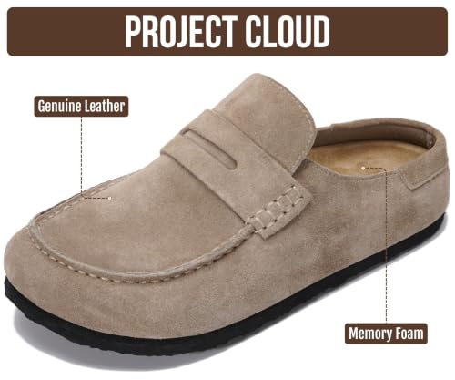 Image of Project Cloud Genuine Leather Clogs for Women - Memory Foam Insole Womens Clogs Non-Slip Outsole Mules for Women Footwear - Women's Mules & Clogs Fall Shoes (Haven,LTBEIGSUED,5.5M) Light Beige