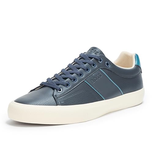 BOSS, Aiden Logo Block Leather Low Top Sneaker, Blue Marine, 13