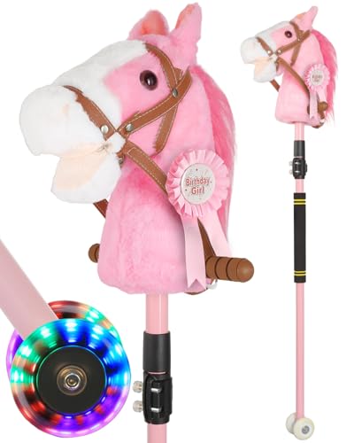 Image of Pink Stick Horse, Adjustable Height Plush Hobby Horse Stick Toy for Girls with Flashing Wheels & Realistic Neigh Sounds Birthday Gift Riding Pretend Play Toy Ages 4+