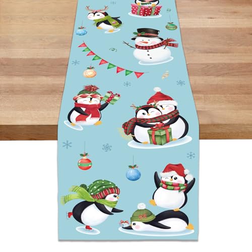 Bonhause Camino de mesa de pingüinos de Navidad de 13 x 72 pulgadas, bolas de Navidad, color azul, invierno, vacaciones, cocina, comedor, decoración de mesa para interiores y exteriores, decoración de