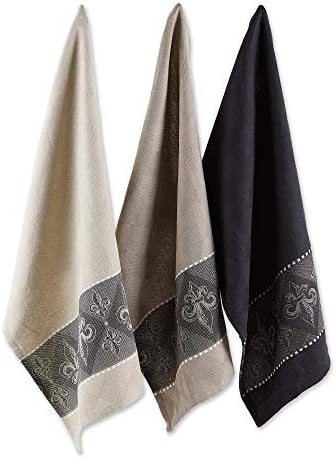 DII French Style Tabletop Kitchen Collection, Dishtowel Set, 18x28, Assorted Fleur de Lis, 3 Piece