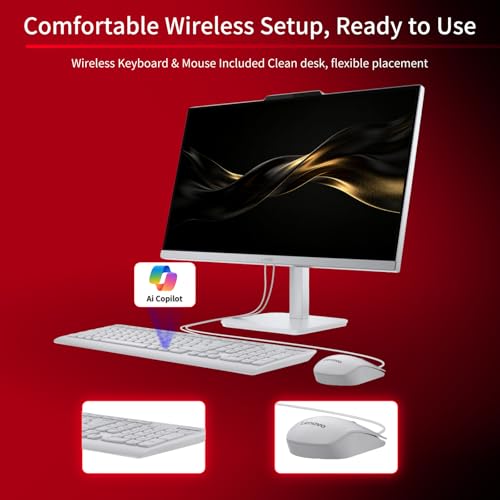 Image of Lenovo 23.8 inch FHD IPS all-in-one desktop computer, Intel N100, 16GB RAM, 512GB SSD, Wi-Fi 6, Windows 11 Pro, white