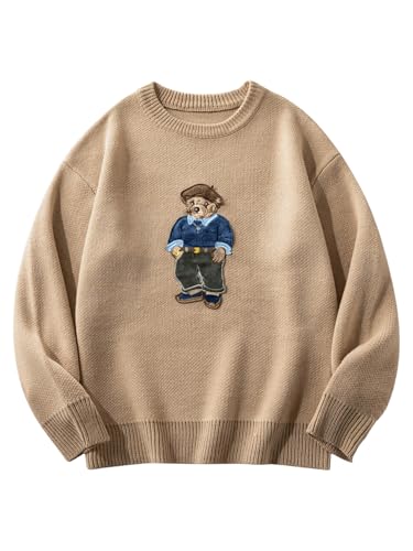 SHENHE Men's Oversized Crew Neck Cute Bear Sweater Vintage Unisex Preppy Graphic Sweater Jumper Khaki Small