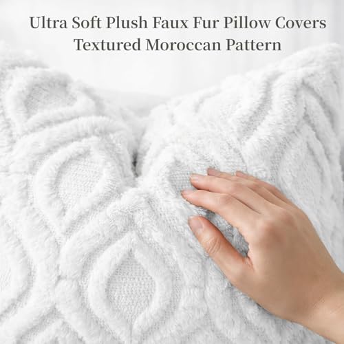 Image of decorUhome Fall Throw Pillow Covers 22x22 Inch Set of 2, Soft Plush Faux Wool White Solid Couch Pillow Covers, Accent Euro Sham Farmhouse Neutral Square Pillow Cases for Sofa Bed Living Room