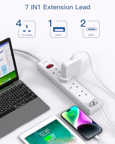 Extension Lead with 3 USB Slots(2 USB C), 4 Way Plug Extension Socket, 3M Wall Mount Socket Extension Cable, Multiplug Power Strip for Home, Office, School Supplies