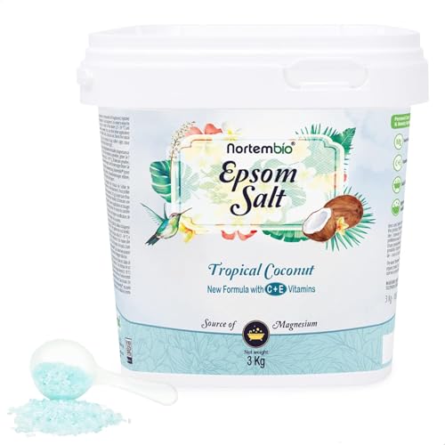 Nortembio Sali di Epsom 100% Fragranza Cocco Tropicale 3 kg – Fonte Naturale di Magnesio | Con Vitamina C ed E Idratante | Per Bagni Rilassanti, Spa e Cura della Pelle + E-Book Gratuito