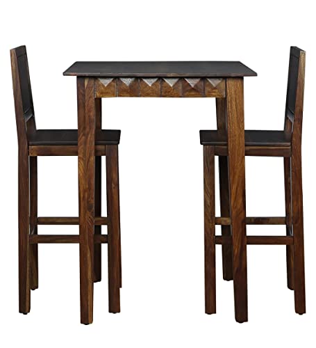 Image of Solid Wood Diamond Design Bar Dining Table Set for 2 Person /Wooden Bar Dining Table with Chairs (Solid Sheesham Wood, 2 Seater, Teak Finish)