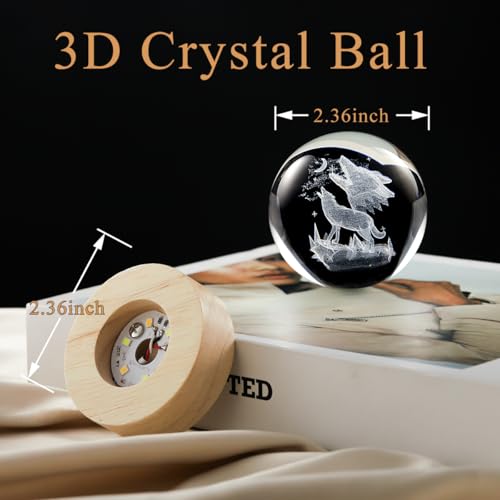 Image of 3D Wolf Crystal Ball Lamp with Dimmable LED and Wooden Base, Night Light for Kids Teens Adults, Home Desk Office Bedroom Decor, Birthday Gift (2.4 inch / 6cm)