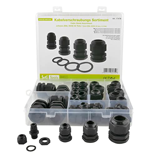 SeKi Glándulas de cable surtido, 40 piezas, M12, M16, M25 y M25, color negro, incluye contratuerca y anillo de sellado, IP68 resistente al agua de plástico Cable Gland
