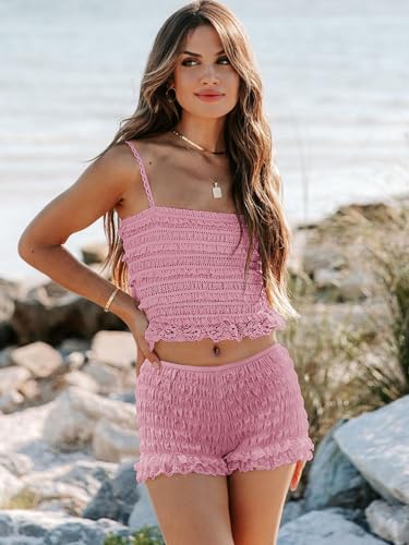 Image of LUXVEER Womens Summer Shorts Trendy Ruffle Lace High Waisted Smocked Beach Mini Shorts Y2K Micro Boyshorts Lolita Bloomers
