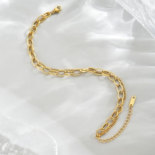 Image of 18K Gold Plated Anklets for Women Dainty Non Tarnish Ankle Bracelets Cuban Link Chain Anklets Layered Heart Beads Rhinestone Anklet Trendy Foot Jewelry