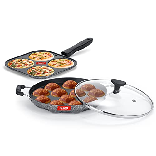 Image of Sumeet NonStick Twin Star Cookware Set (Grill Appam Patra with Glass Lid - 12 Cavity - 22cm Dia + Mini Multi Snack Maker - 4 Cavity -19.5cm)