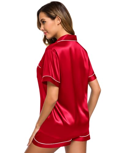 Image of SWOMOG Womens Silk Satin Pajamas Set Short Sleeve Sleepwear Button Down Top and Shorts Loungewear 2 Piece Pjs Set XS-3XL