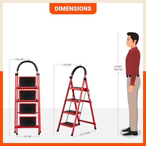 Image of Bathla Everest 4-Step Steel Ladder with Safety Hand Grip | Anti-Skid Wide Steps (30L x 20W cm) | Lightweight, Foldable Ladder for Home & Office | 150Kg Load Capacity | 2 Year Warranty (Red)