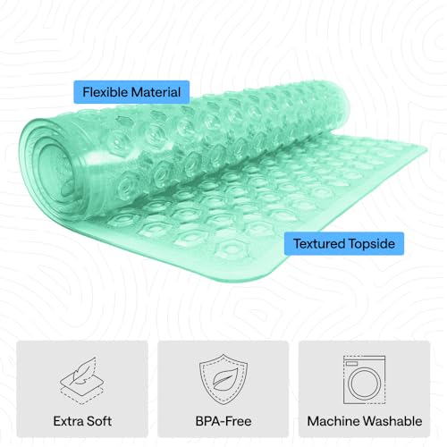 Image of GORILLA GRIP Patented Bath Tub Shower Mat, Machine Washable Bathtub Floor Liner Mats, Suction Cups and Drain Holes to Keep Tubs Clean, Soft on Feet, Bathroom Essentials, 35x16 Inch, Clear Green