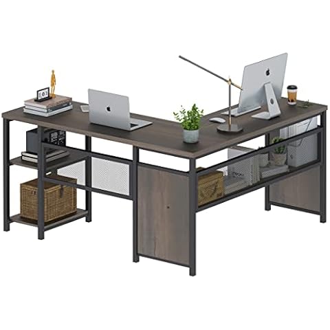 FATORRI L Shaped Computer Desk, Industrial Home Office Desk with Shelves, Reversible Wood and Metal Corner Desk (Walnut Brown, 59 Inch) Cover